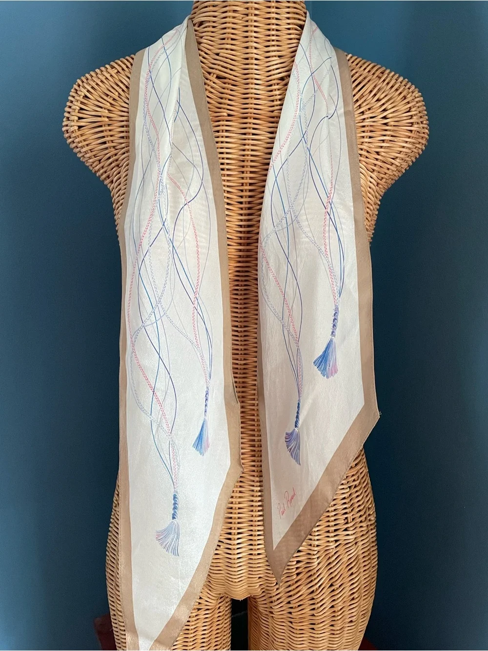 Paul Renard Vintage Silk Scarf Cream Beige Blue Tassel Print Pointed Edge